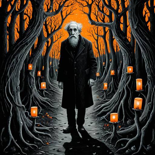 Elderly Man in Dark Forest with Glowing Lanterns