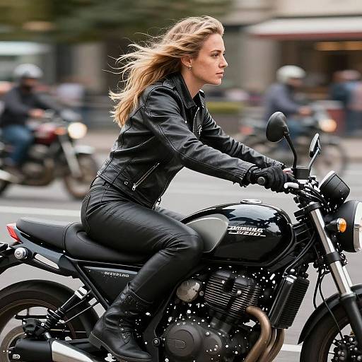 Photograph of a blonde woman with wind-swept hair in a black leather jacket and pants, riding a black motorcycle on a busy city street.