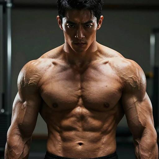 Photograph of a muscular, shirtless Asian man with defined abs and veins, intense gaze, dark hair, standing in a dimly lit gym.