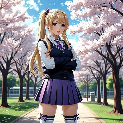 Digital anime-style illustration of a blonde girl with blue eyes, wearing a black sweater vest, white shirt, purple skirt, and striped thigh-high socks,