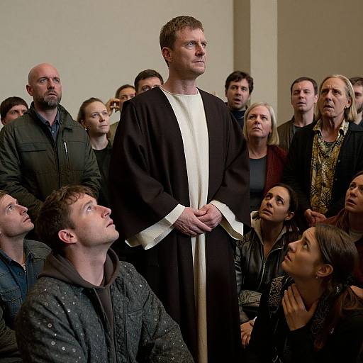 Photograph of a solemn, fair-skinned male priest in black robes with white stole, standing before an attentive, diverse audience in casual clothing.