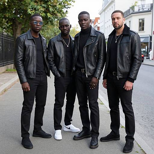 Photograph of four black men standing on a city street, wearing black leather jackets, black pants, and black shoes, with one in white sneakers.