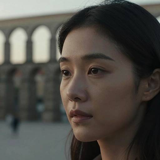 Photograph of a serious Asian woman with long dark hair, light skin, and subtle makeup, looking to the side, in front of a blurred,