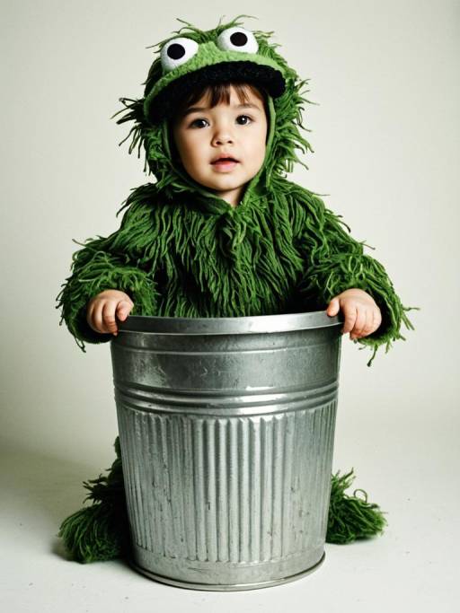 Toddler in Oscar the Grouch Costume with Trash Can
