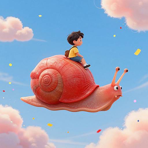 Digital illustration of a cute, cartoon-style boy with black hair and yellow shirt riding a large, smiling red snail against a bright blue sky with fluffy
