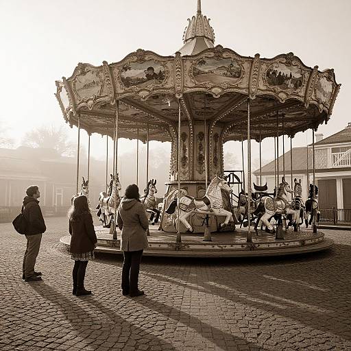 Sepia-toned photograph of three people standing before an ornate, vintage carousel with detailed horses, set on a cobblestone plaza.