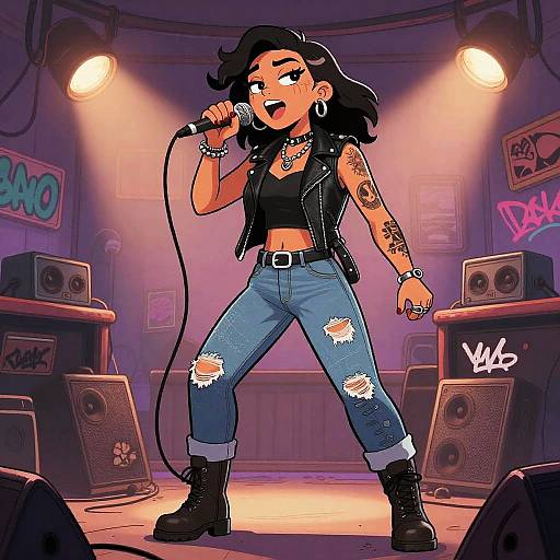 Digital illustration of a punk-rock female singer with black hair, tattoos, ripped blue jeans, black vest, and boots, holding a microphone on stage with