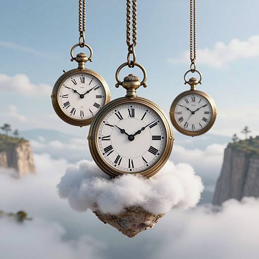 Photograph of three vintage, brass pocket watches with black Roman numerals, hanging from chains above a cloudy, mountainous sky.