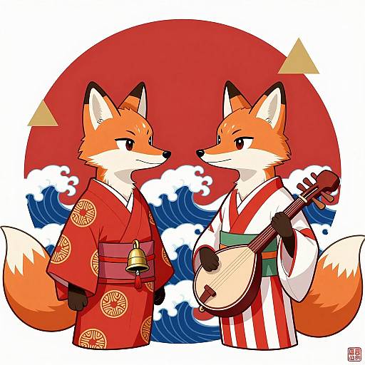 Anthropomorphic Foxes in Traditional Kimonos