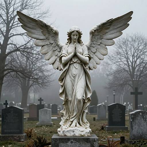 Photograph of a detailed, white marble angel statue with large wings, standing in a foggy cemetery, surrounded by gravestones and leafless trees