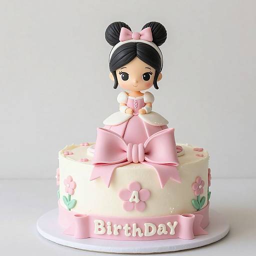 Photograph of a pink and white fondant cake with a black-haired, anime-style girl figurine wearing a pink bow and dress, standing on top