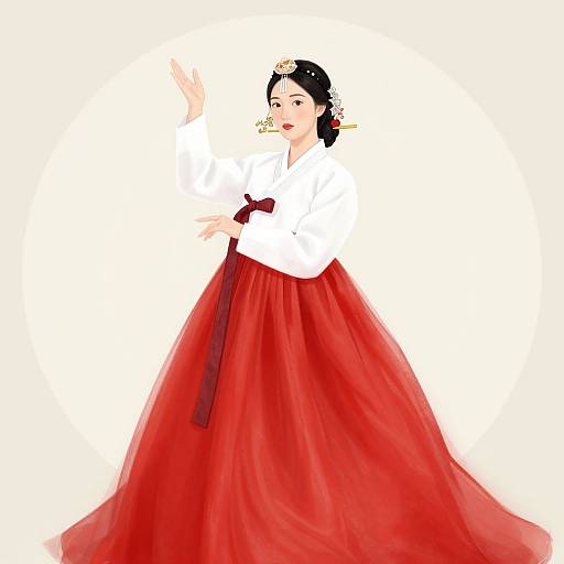 Digital illustration of an Asian woman in a white top and long red skirt, with black hair adorned with flowers, waving against a white background.