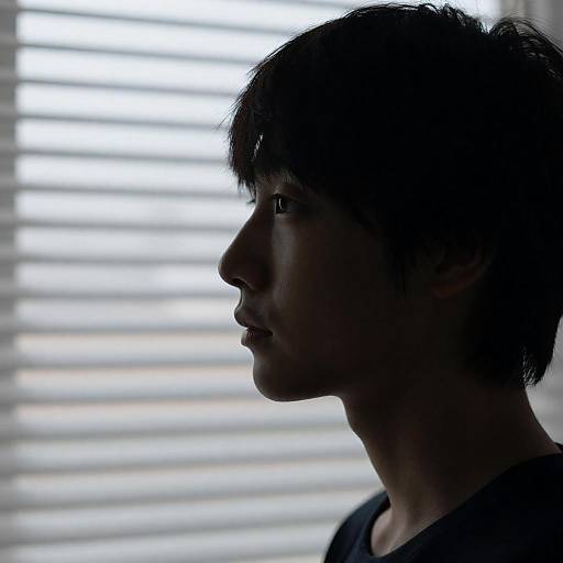 Silhouetted Profile of Young Man by Window Blinds