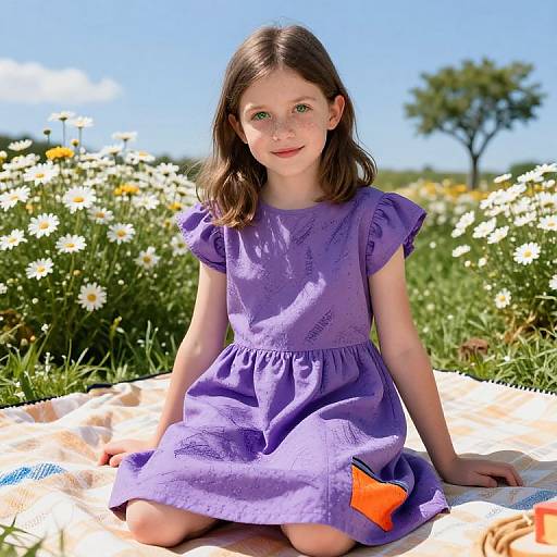 Photograph of a young girl with fair skin and brown hair, wearing a purple dress, sitting on a blanket in a sunny meadow of white d