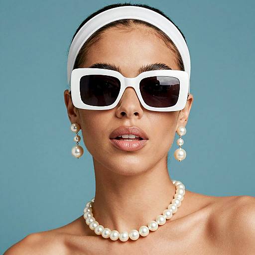 Stylish woman with white sunglasses and pearl jewelry