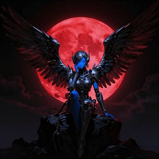 Digital artwork of a blue-armored, winged warrior with a red full moon behind, standing on a rock, wings spread wide. Dark, dramatic