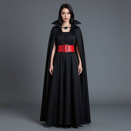 Photograph of a woman with pale skin and dark hair, wearing a black, floor-length dress with a wide red belt and black cape, standing against