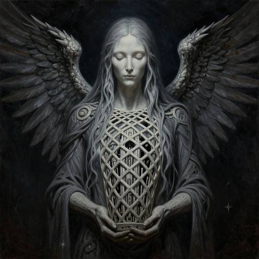 Digital art of a serene, ethereal angel with long silver hair, closed eyes, dark feathered wings, and intricate lattice chest, holding hands forward