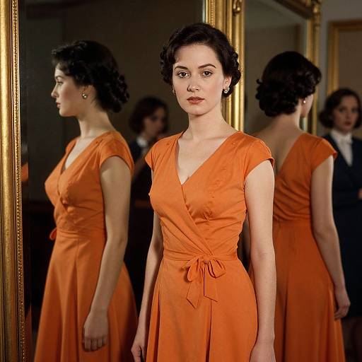 Photograph of a pale-skinned woman with short, curly black hair, wearing an orange, V-neck, short-sleeve dress, standing in