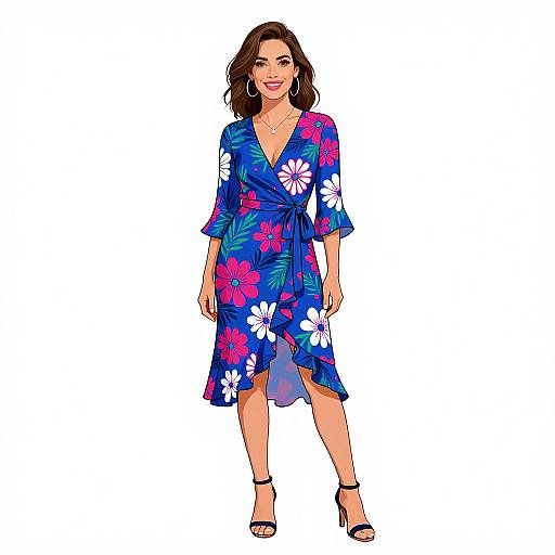 Smiling Woman in Floral Wrap Dress