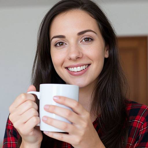 Photograph of a smiling young woman with long black hair, brown eyes, and fair skin, holding a white mug, wearing a red plaid shirt