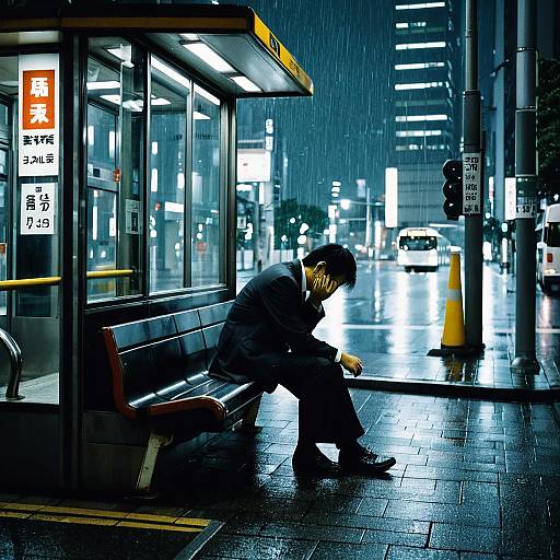 Tired Businessman Waiting at Tokyo Bus Stop in Rain