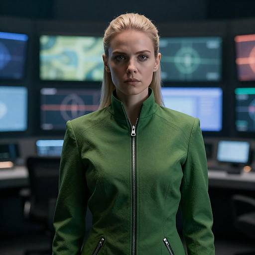 Serious Blonde Woman in Futuristic Control Room