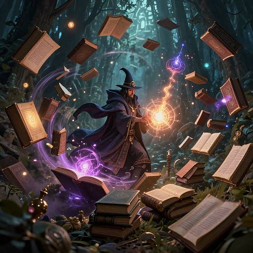Wizard Surrounded by Enchanted Books