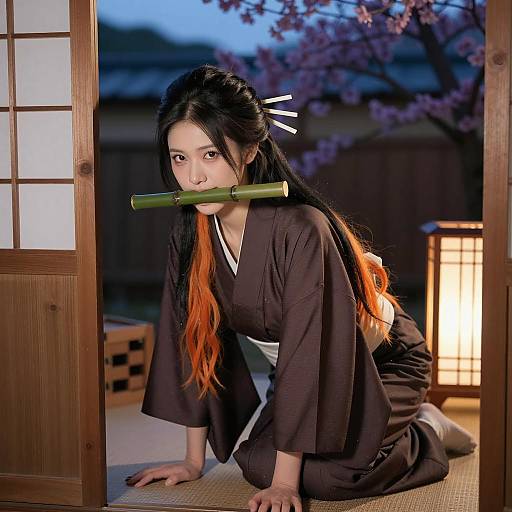 Elegant Asian Woman in Kimono at Dusk