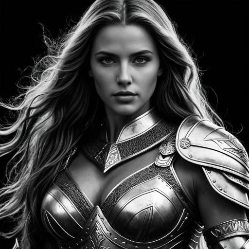 Grayscale Portrait of Powerful Goddess in Armor