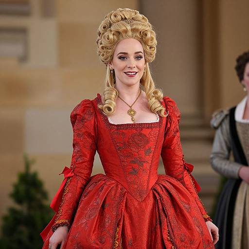 Photograph of a smiling blonde woman with intricately curled hair, wearing a vibrant red, Renaissance-style dress with puffed sleeves and gold embroidery, standing