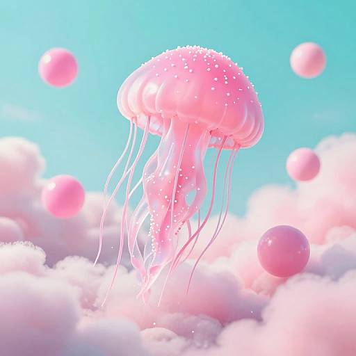 Vivid Pink Jellyfish in Pastel Clouds
