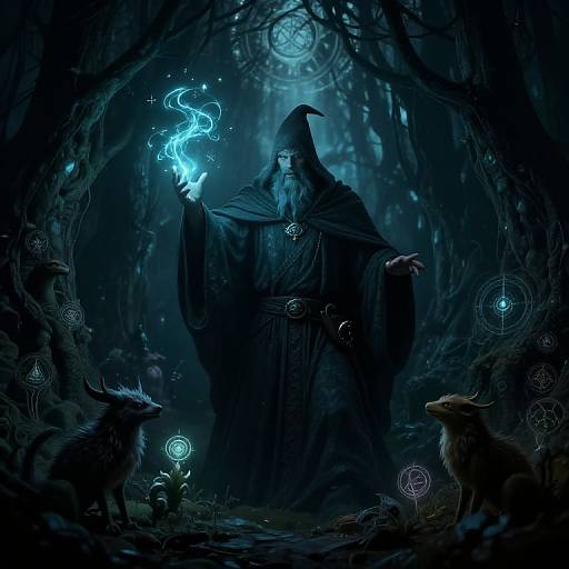 Digital fantasy artwork of a hooded wizard with glowing blue fire in a dark, mystical forest, surrounded by three glowing-eyed, wolf-like creatures.