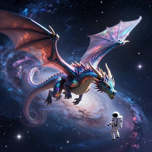 Digital art: Glowing blue and red dragon with crystal wings soaring through starry space, illuminating a white spacesuit astronaut below.