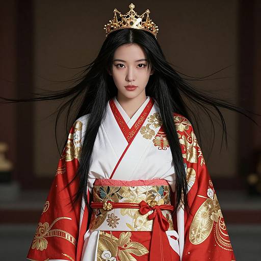 Photograph of an East Asian woman with long black hair, wearing a red and gold floral kimono, white inner robe, and a gold crown,
