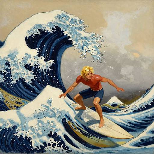 Digital artwork: Muscular blonde man in red shirt and blue shorts surfing massive, blue, white-capped wave under cloudy sky. Dynamic, vibrant,