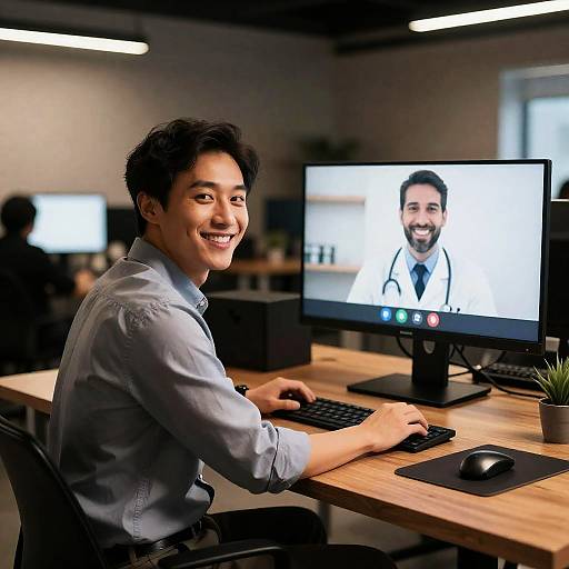 Young Asian man with short black hair, smiling, wearing a light blue shirt, sits at a desk with a computer showing his face on the screen.