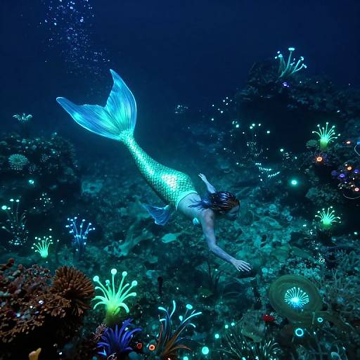 Photograph of a glowing, blue-green mermaid with a translucent fin, swimming through a vibrant, bioluminescent ocean with neon corals.