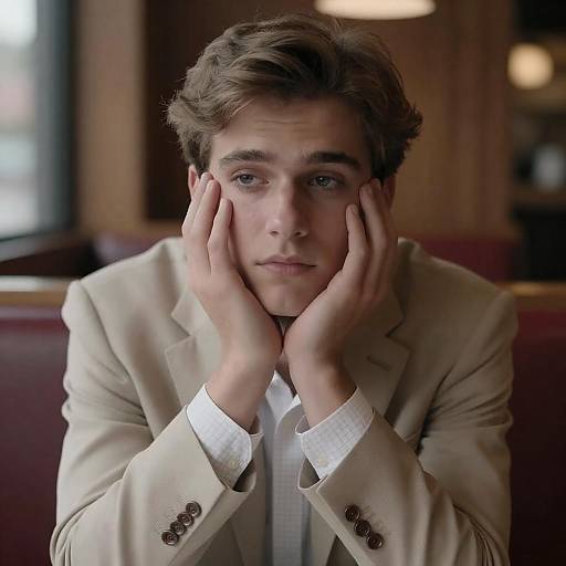 Young Man in Beige Suit at Restaurant