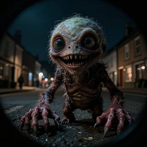 Photorealistic CGI of a creepy, humanoid monster with large, hollow eyes, sharp teeth, and clawed hands, crouching on a dark