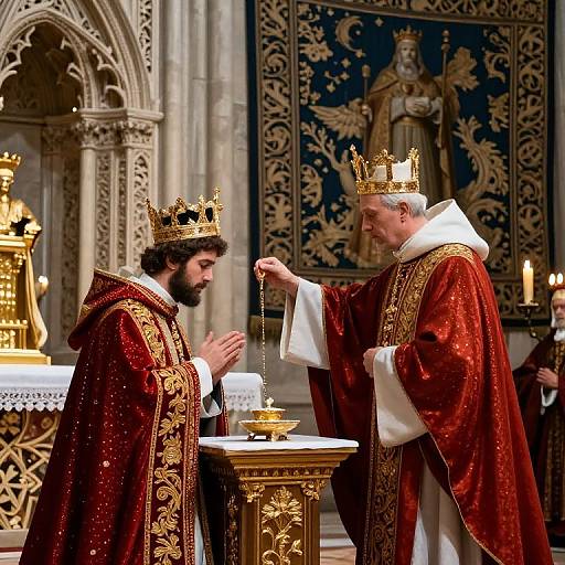 Photograph of a church ceremony: Two bishops in ornate red and gold robes with crowns, one blessing the other at an altar.