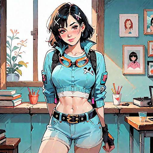 Digital anime-style illustration of a cute, black-haired woman in a blue crop top and shorts, goggles on her chest, in a sunlit classroom with