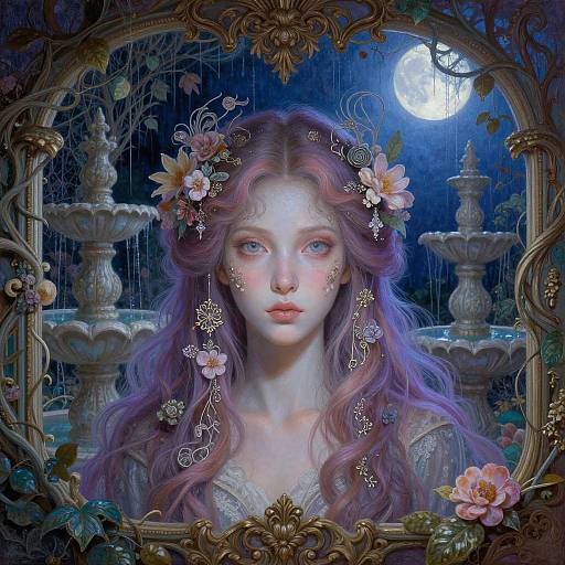 Digital fantasy artwork of a fair-skinned, purple-haired woman with floral headpiece, blue eyes, and delicate features, framed by ornate gold and