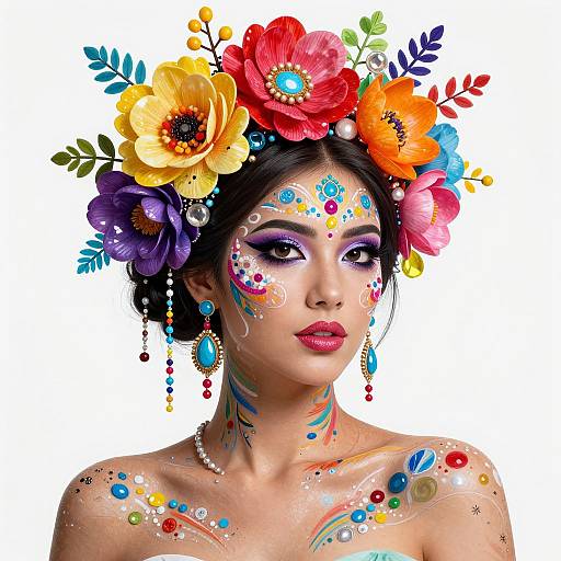 Digital artwork of a woman with colorful floral headpiece, vibrant face paint, and body decorations, wearing dangling earrings, against white background.