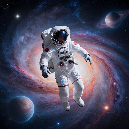 Photorealistic CGI of an astronaut in a white spacesuit floating in a vibrant, colorful galaxy with swirling nebulas and planets.