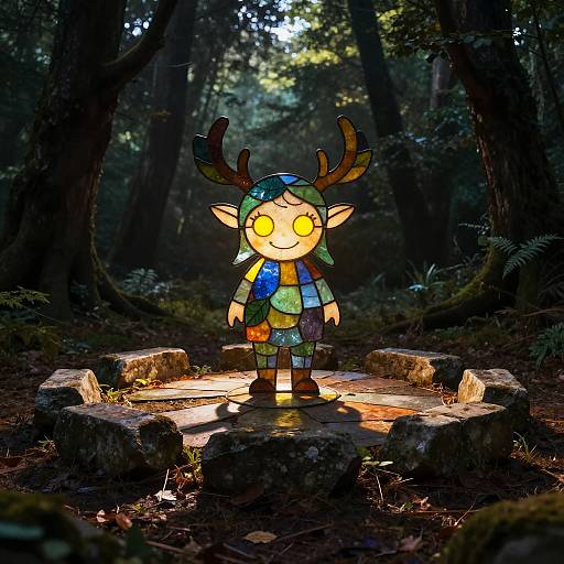 Digital art of a glowing, cartoonish elf with yellow eyes, colorful clothes, antlers, standing on a stone circle in a dark forest. Bright