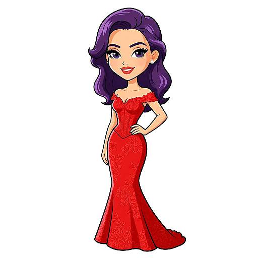 Cartoon-style illustration of a confident woman with purple hair, red off-shoulder lace gown, and hand on hip, smiling against a white background