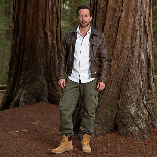 Photograph of a bearded man with dark hair, wearing a white shirt, brown leather jacket, olive cargo pants, and tan boots, standing against