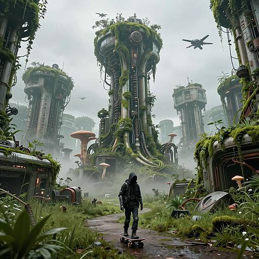 Digital artwork of a lone figure with a backpack, skateboarding through a foggy, overgrown futuristic city with towering, moss-covered skyscrapers and
