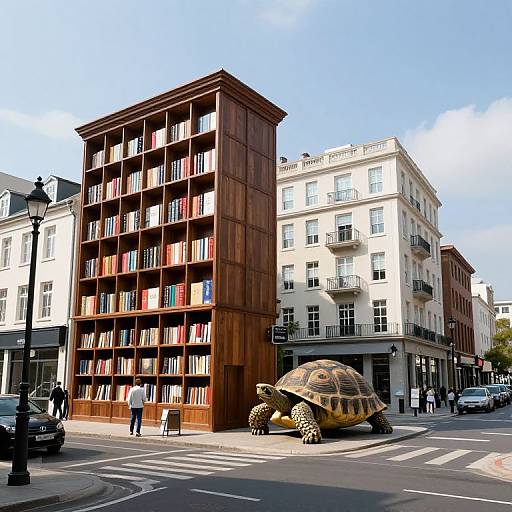 Photograph of a city street with a giant turtle statue beside a modern wooden library building and white buildings, clear blue sky.